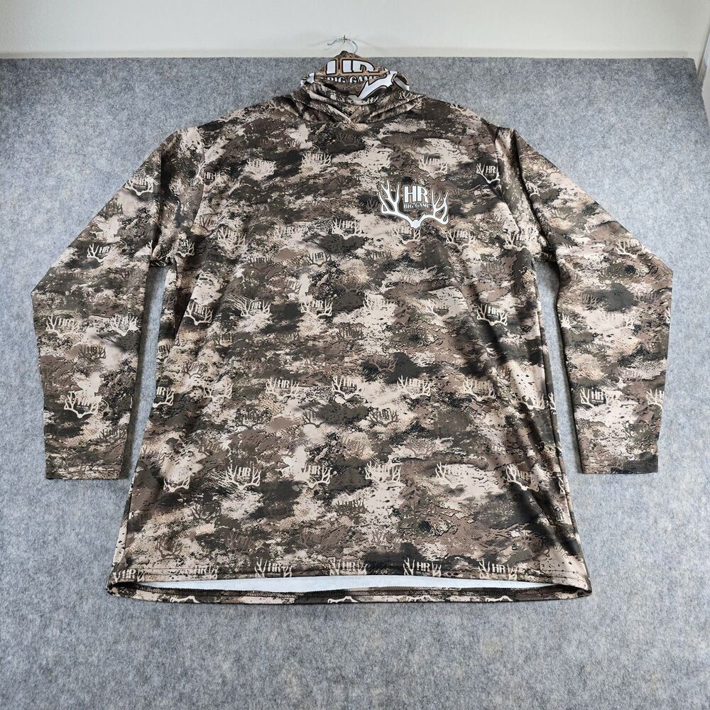 HR Big Game Outfitters Brown Camo Hoodie w Turtleneck Gaiter Shirt Men's Large